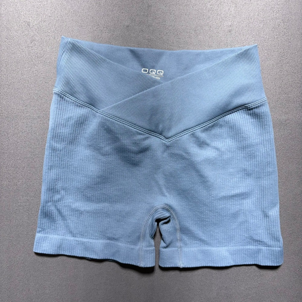 OQQ Womens Ribbed Seamless Yoga Shorts Light Blue Crossover High Waist Small